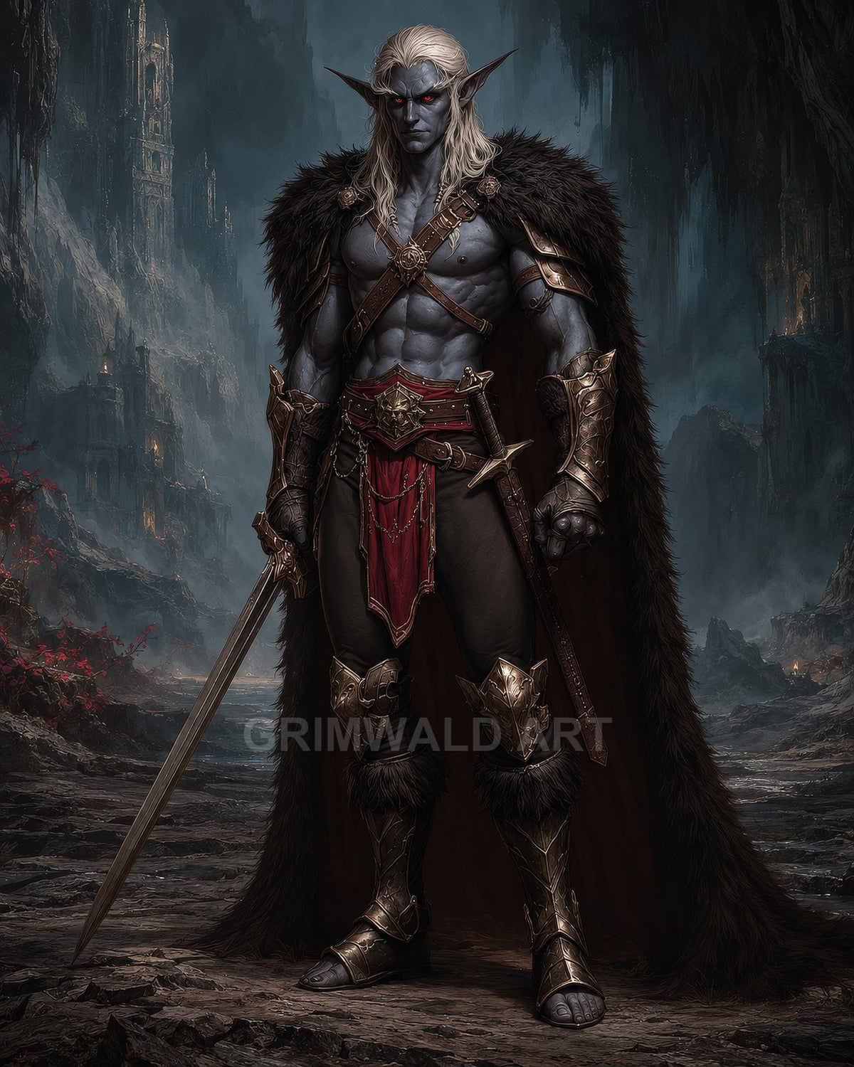 Armoured dark elf warrior with red eyes and long white hair stands in a moonlit cavern of ancient ruins, gripping a sword.