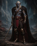 GRID THUMBNAIL — Armoured dark elf warrior with red eyes and long white hair stands in a moonlit cavern of ancient ruins, gripping a sword.