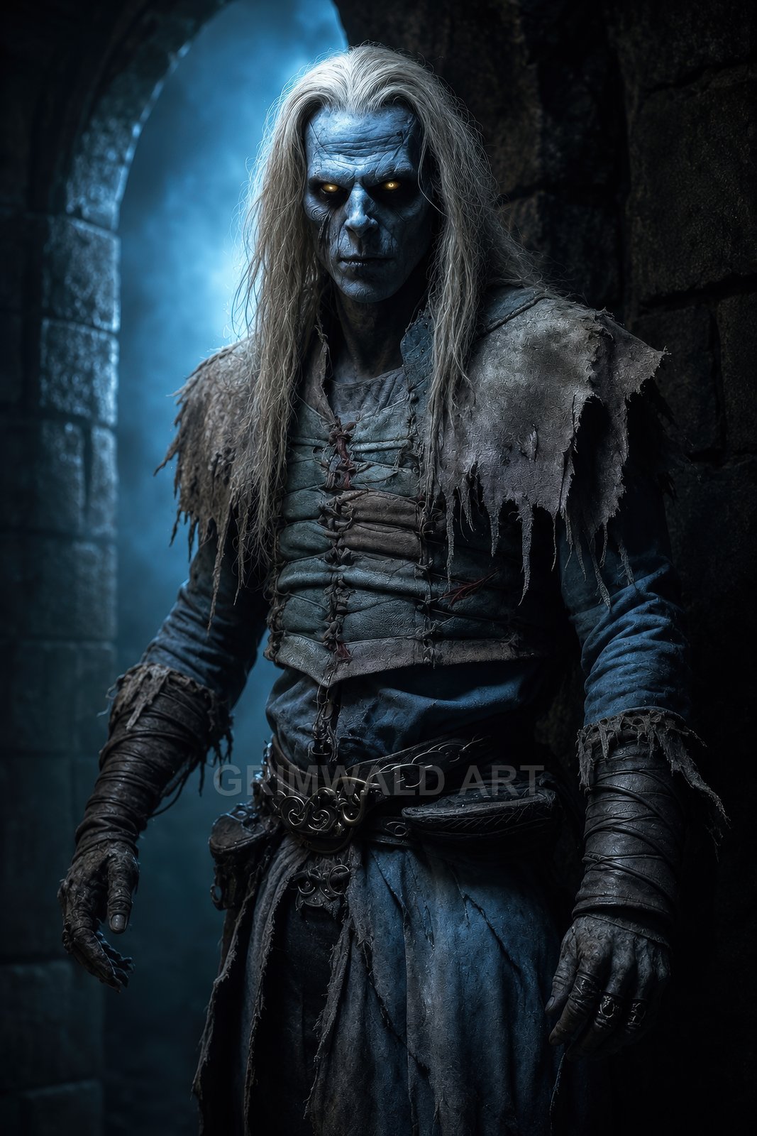 Undead warrior with blue skin and glowing eyes stands beneath a stone archway, wearing tattered leather armour, moonlit fog swirling in a dark dungeon.