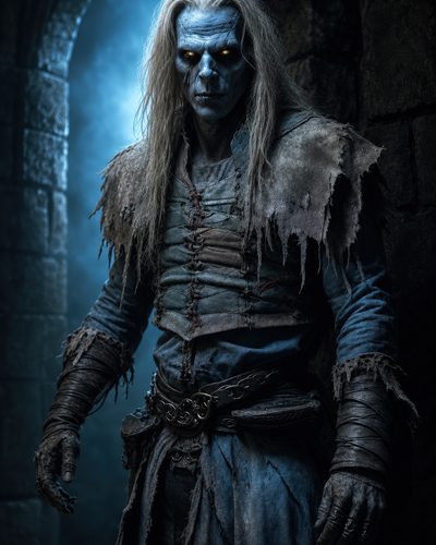 GRID THUMBNAIL — Undead warrior with blue skin and glowing eyes stands beneath a stone archway, wearing tattered leather armour, moonlit fog swirling in a dark dungeon.