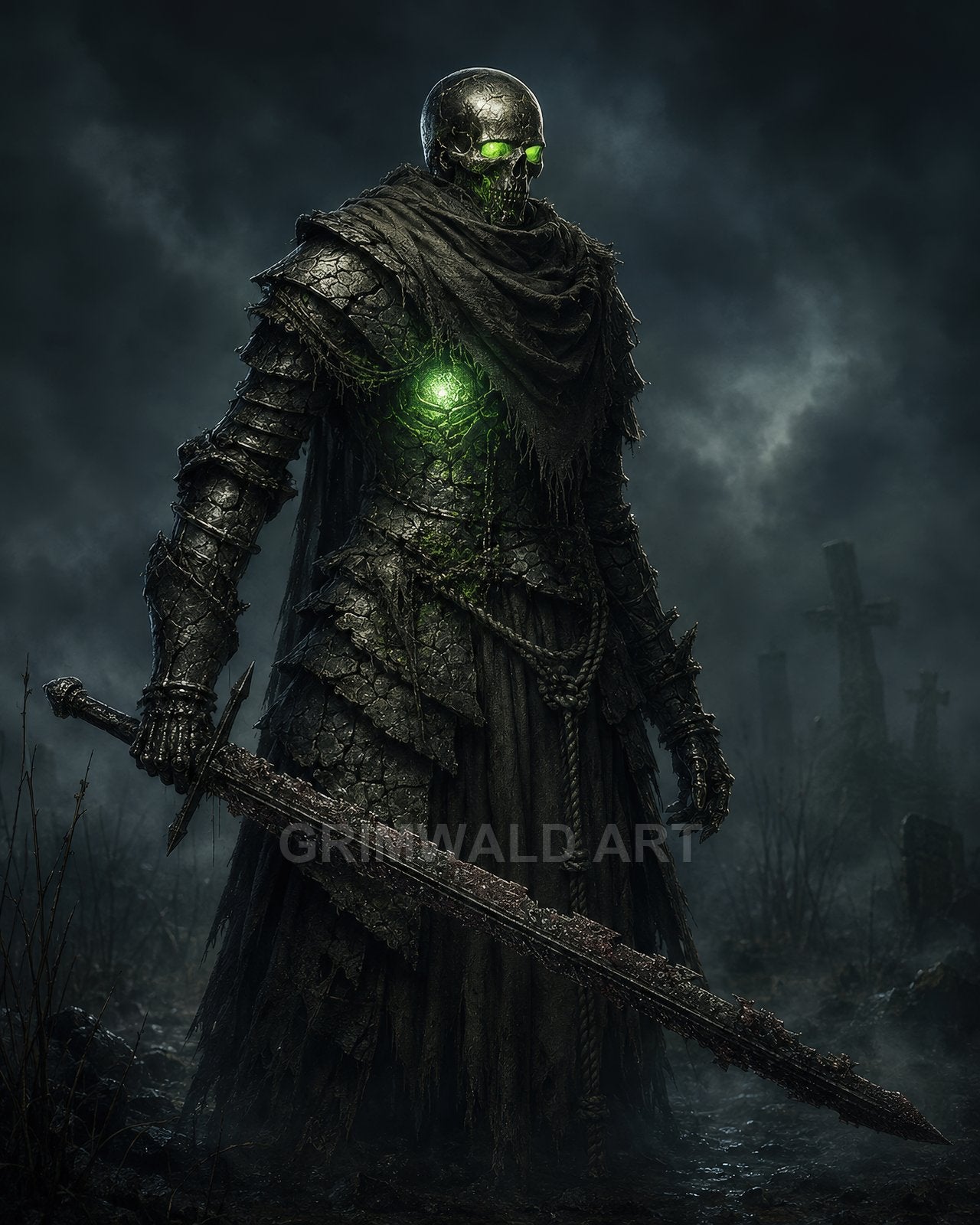 Undead armoured knight with glowing green eyes and chest core holds a jagged sword, standing amid misty gravestones beneath a dark, moonlit sky.