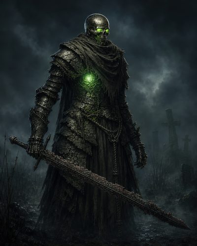 GRID THUMBNAIL — Undead armoured knight with glowing green eyes and chest core holds a jagged sword, standing amid misty gravestones beneath a dark, moonlit sky.