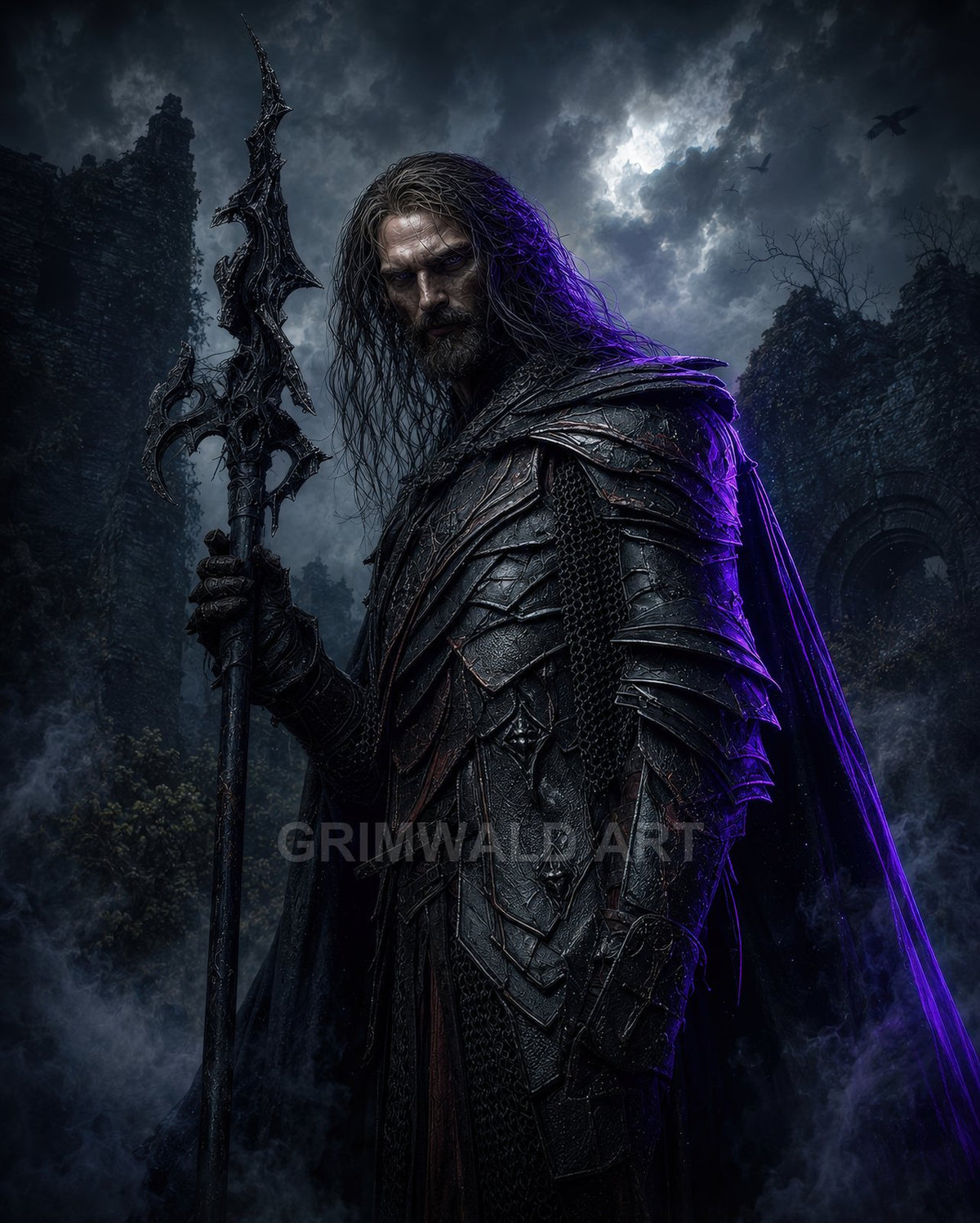 Armoured male knight holding a jagged spear stands in moonlit castle ruins, black plates rim-lit purple, with swirling mist, stormy clouds, and ravens overhead.