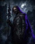 GRID THUMBNAIL — Armoured male knight holding a jagged spear stands in moonlit castle ruins, black plates rim-lit purple, with swirling mist, stormy clouds, and ravens overhead.