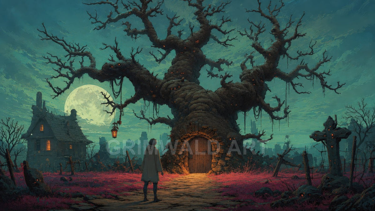A cloaked figure approaches a massive gnarled oak with a wooden door, under a full moon beside a ruined cottage and leaning grave markers.