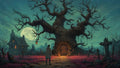 GRID THUMBNAIL — A cloaked figure approaches a massive gnarled oak with a wooden door, under a full moon beside a ruined cottage and leaning grave markers.