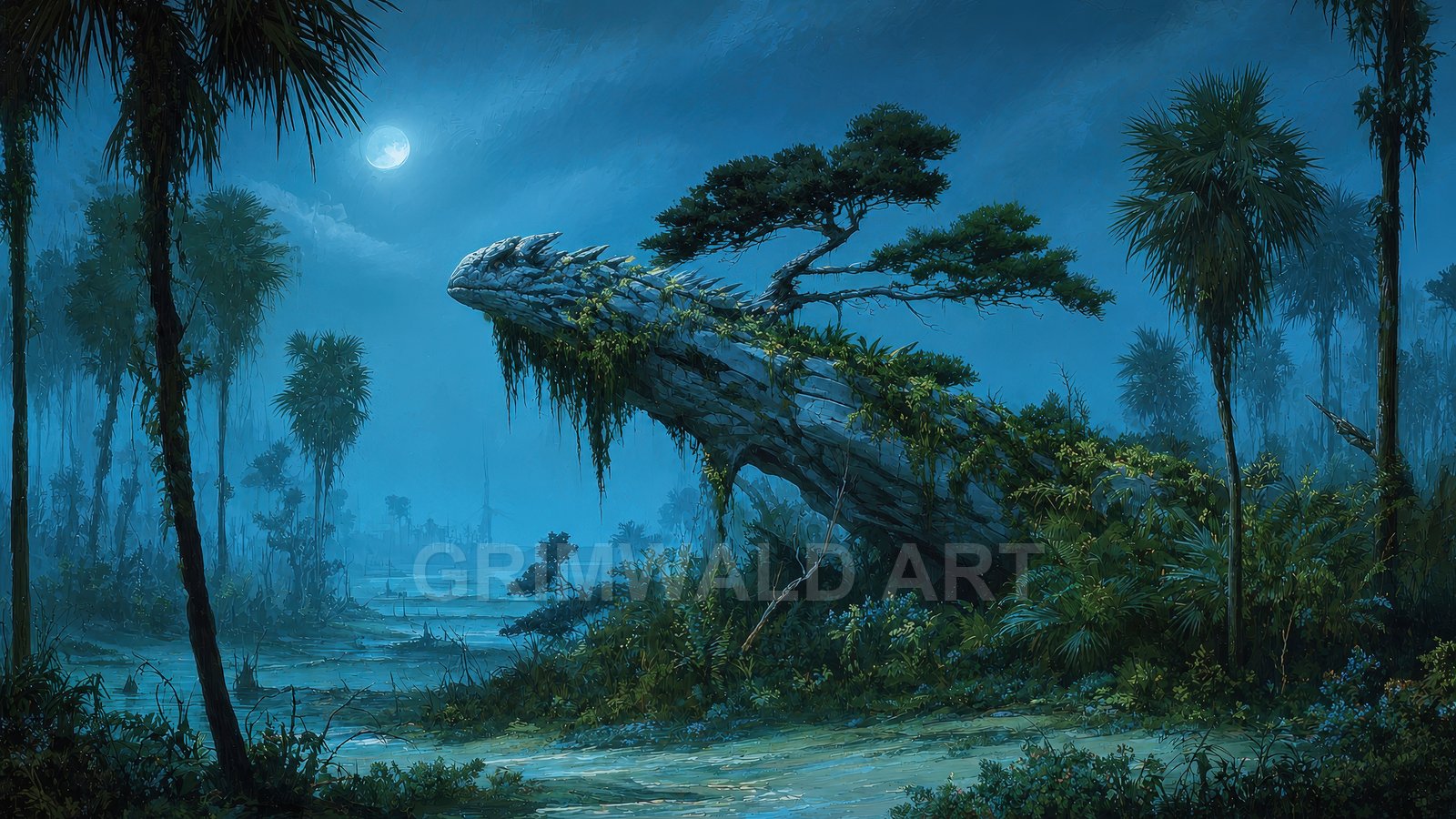 Moonlit swamp with misty pools, tall palms, and a moss-draped rock outcrop shaped like a dragon head beneath a bright moon.