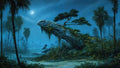 GRID THUMBNAIL — Moonlit swamp with misty pools, tall palms, and a moss-draped rock outcrop shaped like a dragon head beneath a bright moon.