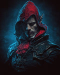 GRID THUMBNAIL — Moody portrait of a hooded elf man in ornate dark armour and red hood, lit by cold blue moonlight against a smoky background.