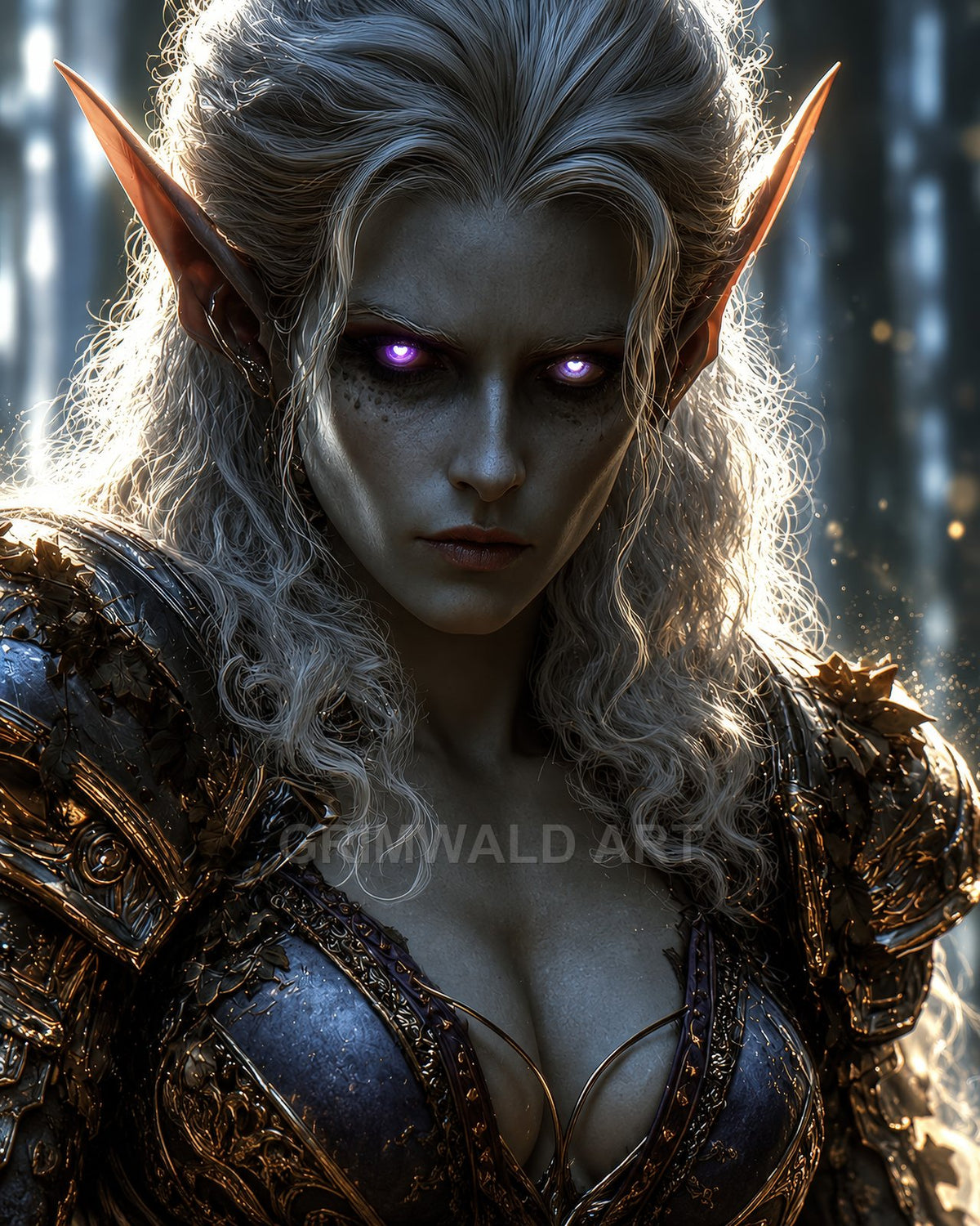 Close-up portrait of an armoured female elf with glowing violet eyes and silver hair, in a moonlit forest, wearing ornate gilded plate armour.