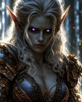 GRID THUMBNAIL — Close-up portrait of an armoured female elf with glowing violet eyes and silver hair, in a moonlit forest, wearing ornate gilded plate armour.