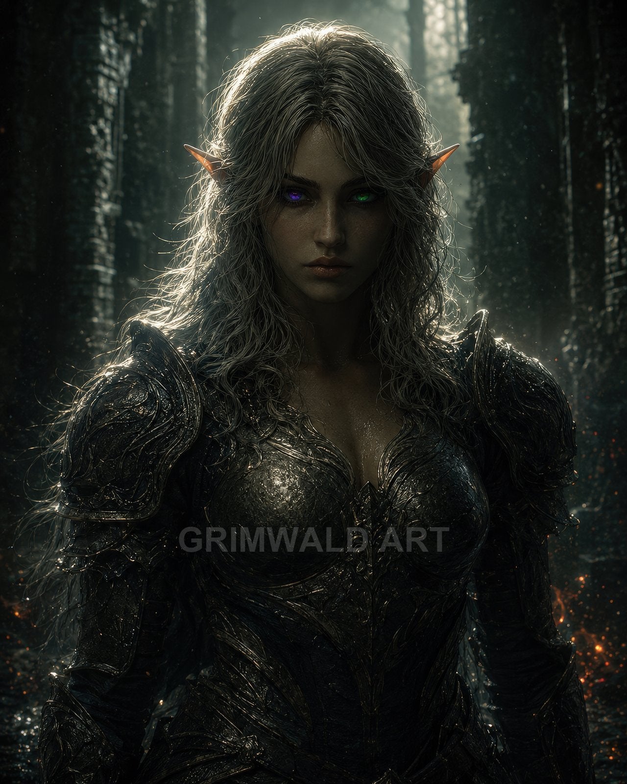 Armoured silver-haired elf woman with glowing violet and green eyes stands in dark ruined corridor, moonlit mist and floating embers surrounding her.