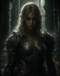 GRID THUMBNAIL — Armoured silver-haired elf woman with glowing violet and green eyes stands in dark ruined corridor, moonlit mist and floating embers surrounding her.