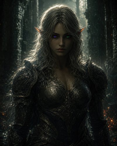 GRID THUMBNAIL — Armoured silver-haired elf woman with glowing violet and green eyes stands in dark ruined corridor, moonlit mist and floating embers surrounding her.