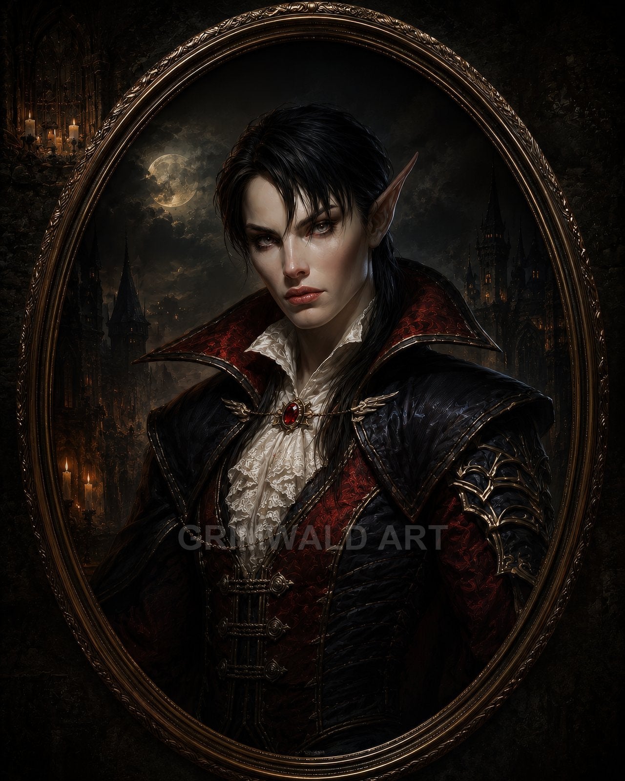 Moonlit oval portrait of an androgynous elf noble in red and black finery, pointed ears and red eyes, before a gothic castle background.
