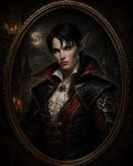 GRID THUMBNAIL — Moonlit oval portrait of an androgynous elf noble in red and black finery, pointed ears and red eyes, before a gothic castle background.