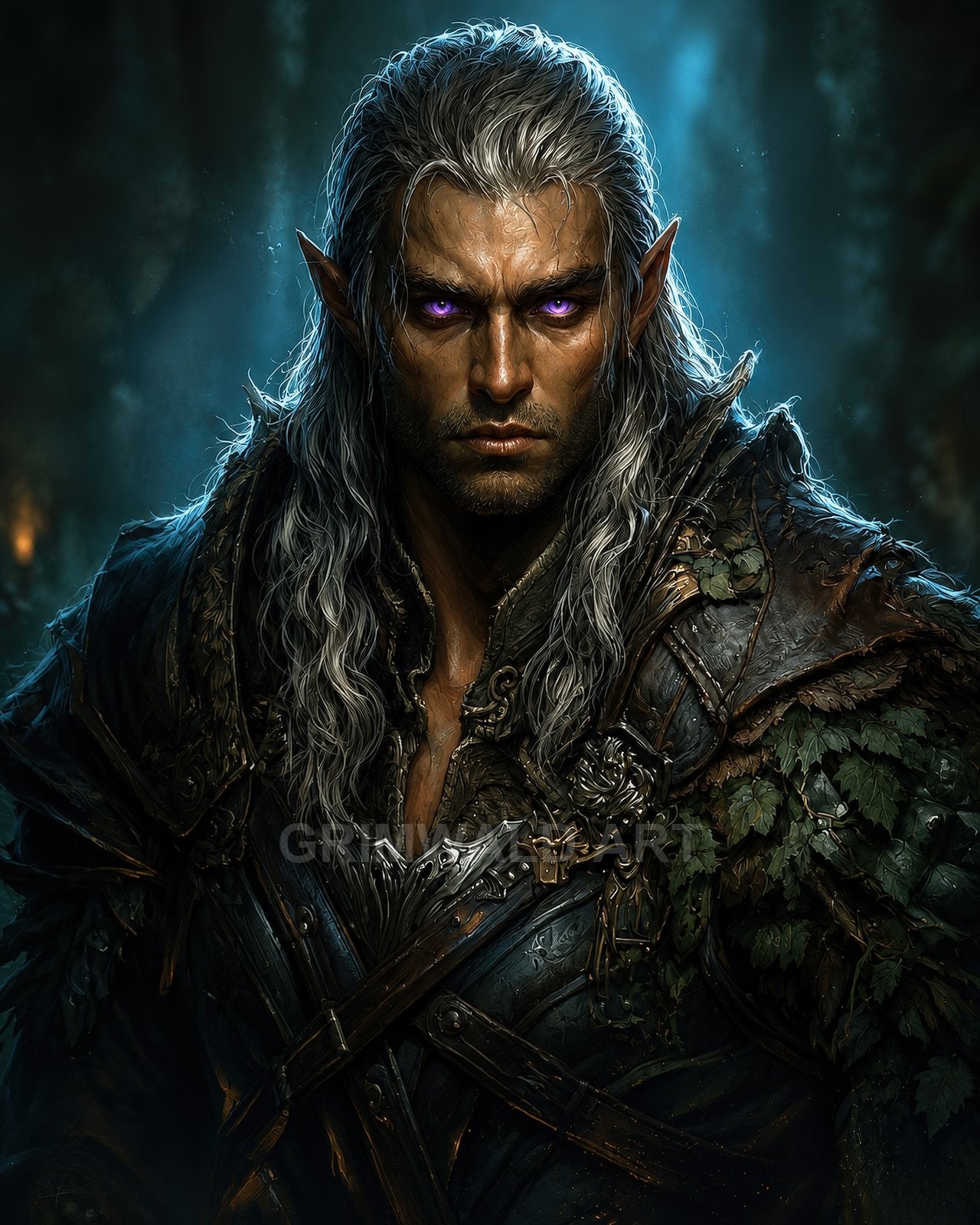 Close-up portrait of a silver-haired male elf with glowing violet eyes, wearing leaf-trimmed dark armour in a moonlit forest.