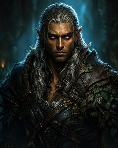 GRID THUMBNAIL — Close-up portrait of a silver-haired male elf with glowing violet eyes, wearing leaf-trimmed dark armour in a moonlit forest.