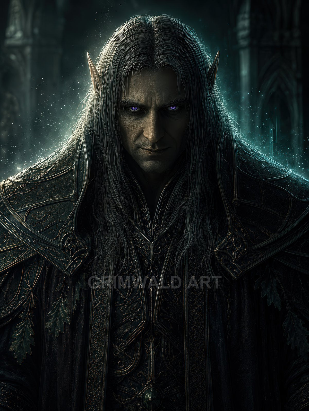 Portrait of a male elf with long silver hair and glowing violet eyes, wearing ornate dark armour, standing against a moonlit gothic cathedral interior.