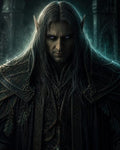 GRID THUMBNAIL — Portrait of a male elf with long silver hair and glowing violet eyes, wearing ornate dark armour, standing against a moonlit gothic cathedral interior.