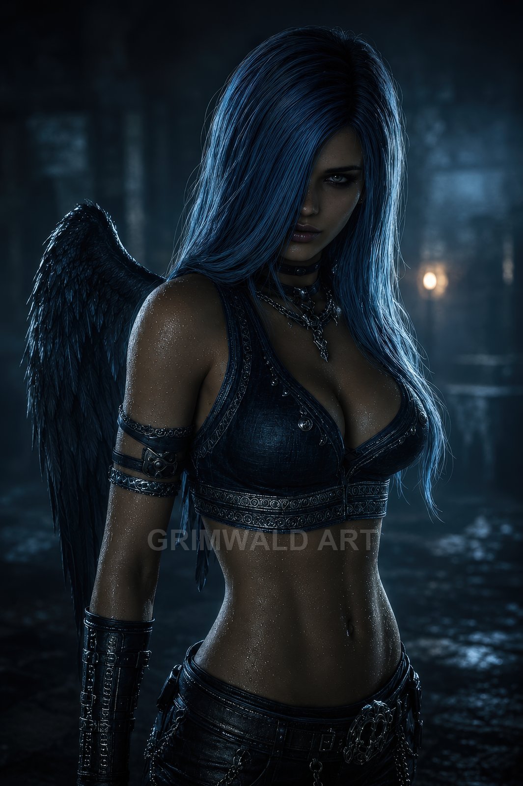 Blue-haired winged woman in dark leather armour stands in a dim ruined interior, rain-slick skin glistening under moonlight with a distant lamp behind.