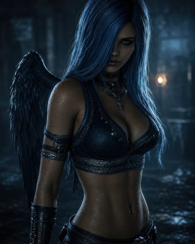 GRID THUMBNAIL — Blue-haired winged woman in dark leather armour stands in a dim ruined interior, rain-slick skin glistening under moonlight with a distant lamp behind.