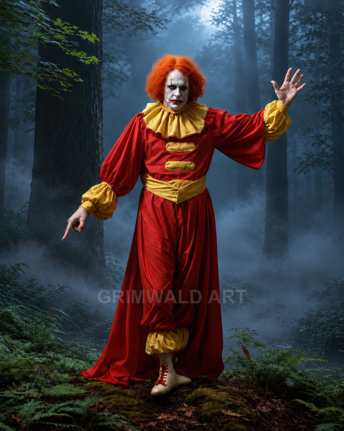 Sinister clown in red and yellow costume with white face paint and orange hair, gesturing in a foggy moonlit forest amid towering trees.