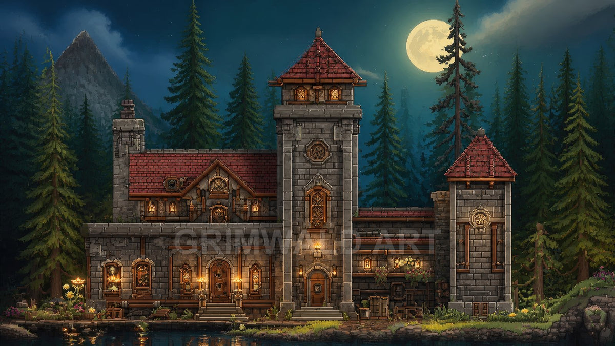 Pixel art stone lodge with towers and warm lights beside a calm lake, surrounded by pine forest under a full moon night sky.