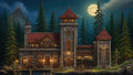 GRID THUMBNAIL — Pixel art stone lodge with towers and warm lights beside a calm lake, surrounded by pine forest under a full moon night sky.
