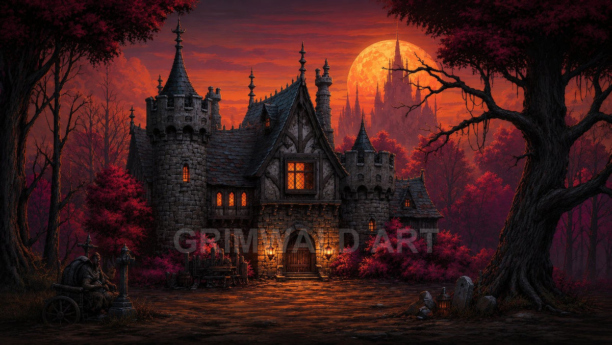 Stone manor with turrets glows with lantern light in a red forest beneath a huge orange moon, distant spires silhouetted beyond.