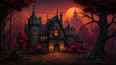 GRID THUMBNAIL — Stone manor with turrets glows with lantern light in a red forest beneath a huge orange moon, distant spires silhouetted beyond.