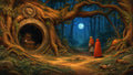 GRID THUMBNAIL — Moonlit forest with a colossal tree carved into a circular stone portal, ivy-draped roots, two cloaked travellers on a path, and a bright full moon.