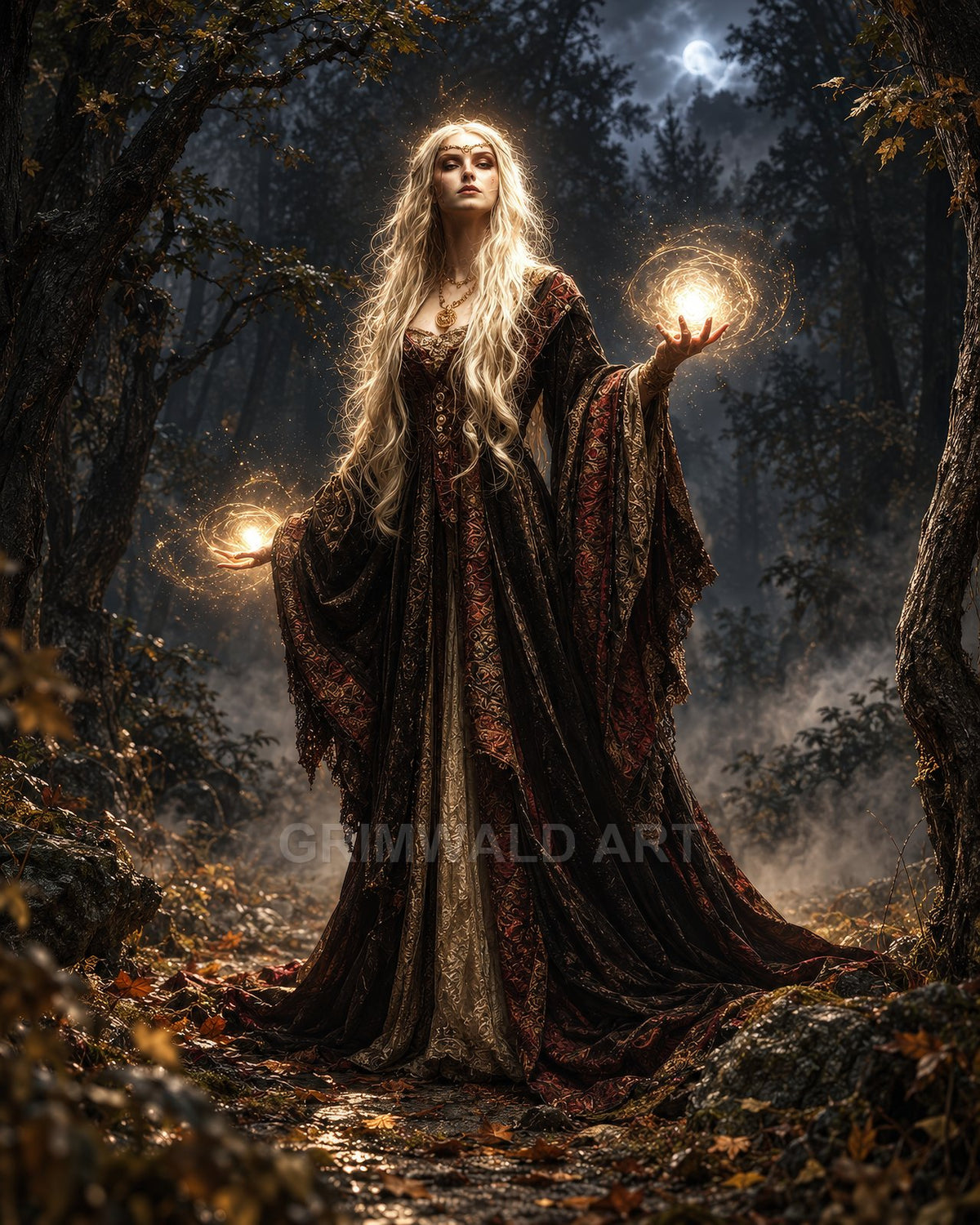 A moonlit sorceress in ornate brocade robes stands in a misty forest, holding two glowing golden orbs beneath a pale full moon.