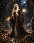 GRID THUMBNAIL — A moonlit sorceress in ornate brocade robes stands in a misty forest, holding two glowing golden orbs beneath a pale full moon.
