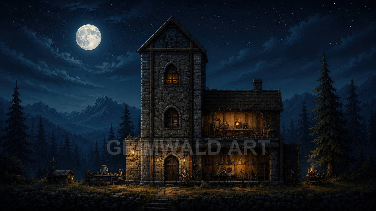 Moonlit stone tower and rustic inn in a pine forest, warm lanterns glowing, mountains and starry sky behind, small fires and workbenches.