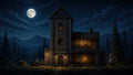 GRID THUMBNAIL — Moonlit stone tower and rustic inn in a pine forest, warm lanterns glowing, mountains and starry sky behind, small fires and workbenches.