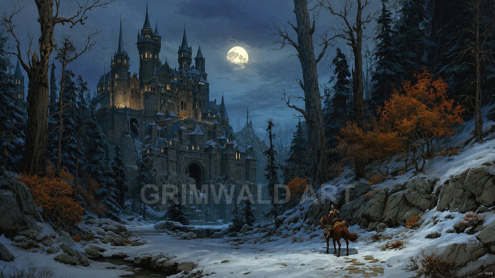 Vast Gothic castle lit by warm windows rises above a snowy forested ravine under a full moon, with a lone rider pausing on a path.