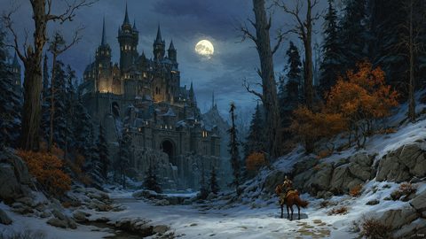 GRID THUMBNAIL — Vast Gothic castle lit by warm windows rises above a snowy forested ravine under a full moon, with a lone rider pausing on a path.