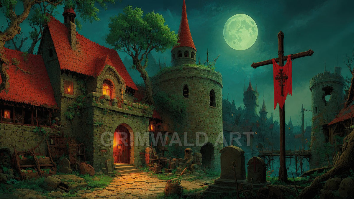Moonlit medieval town with stone gatehouse, red-tiled roofs and round tower, tattered red banner, cobblestone path, river bridge, gravestones, and glowing windows.