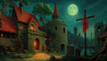 GRID THUMBNAIL — Moonlit medieval town with stone gatehouse, red-tiled roofs and round tower, tattered red banner, cobblestone path, river bridge, gravestones, and glowing windows.