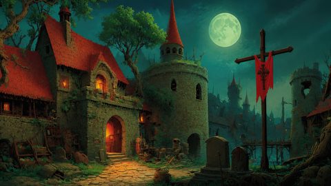 GRID THUMBNAIL — Moonlit medieval town with stone gatehouse, red-tiled roofs and round tower, tattered red banner, cobblestone path, river bridge, gravestones, and glowing windows.