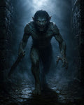 GRID THUMBNAIL — Menacing goblin with glowing yellow eyes and jagged sword stalks through a misty stone dungeon corridor under cold blue moonlight.
