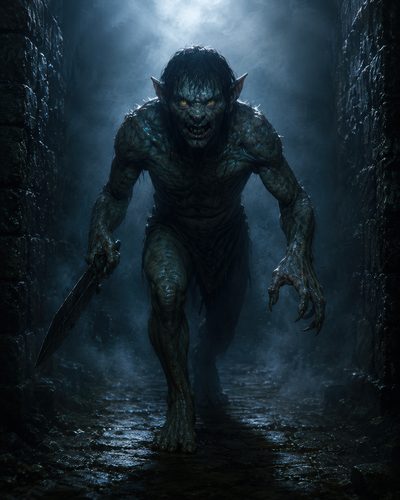 GRID THUMBNAIL — Menacing goblin with glowing yellow eyes and jagged sword stalks through a misty stone dungeon corridor under cold blue moonlight.