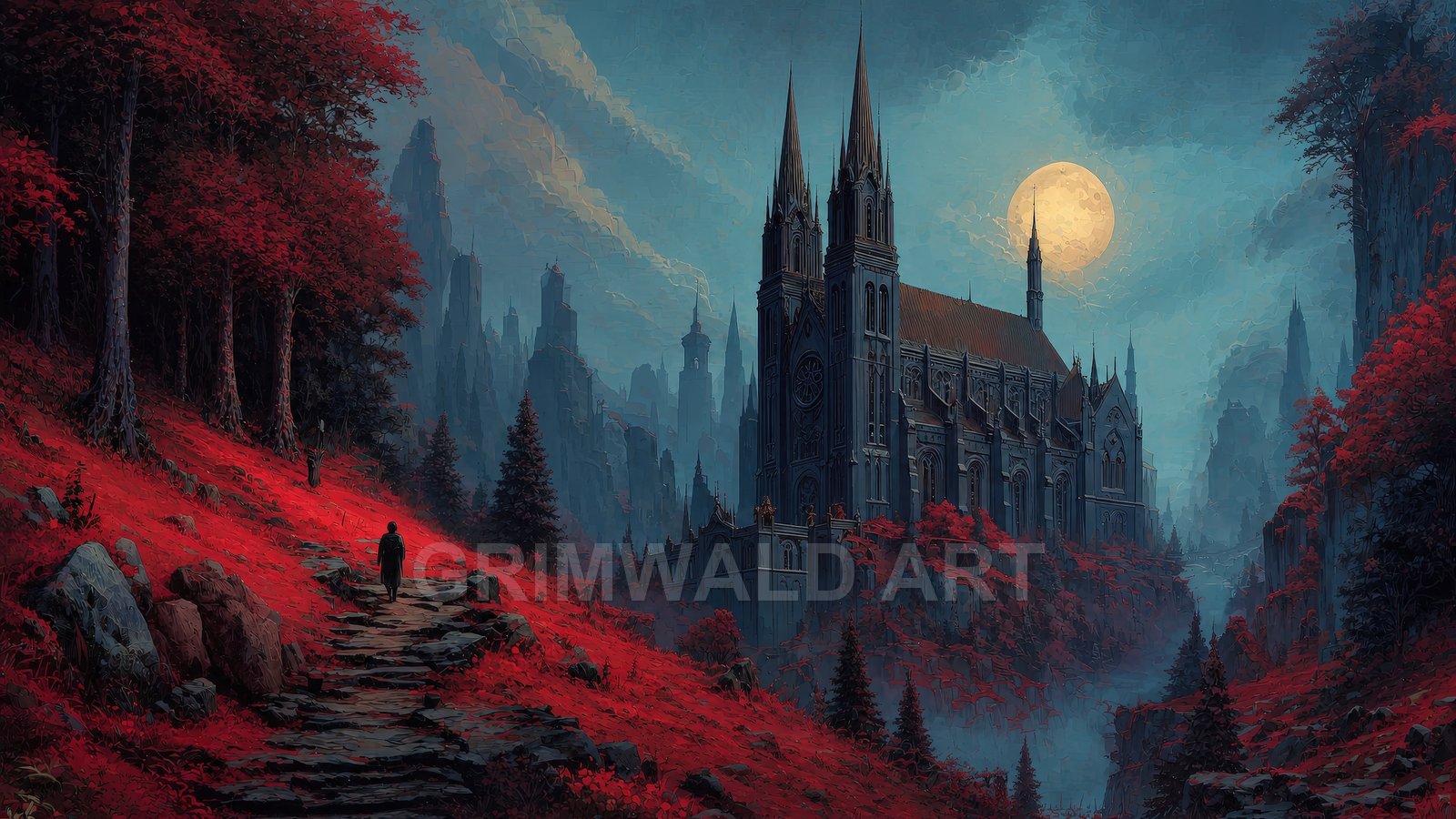 A grand gothic cathedral rises above a misty valley, framed by red-leaved forest, under a full moon, with a lone figure on a stone path.