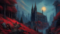 GRID THUMBNAIL — A grand gothic cathedral rises above a misty valley, framed by red-leaved forest, under a full moon, with a lone figure on a stone path.