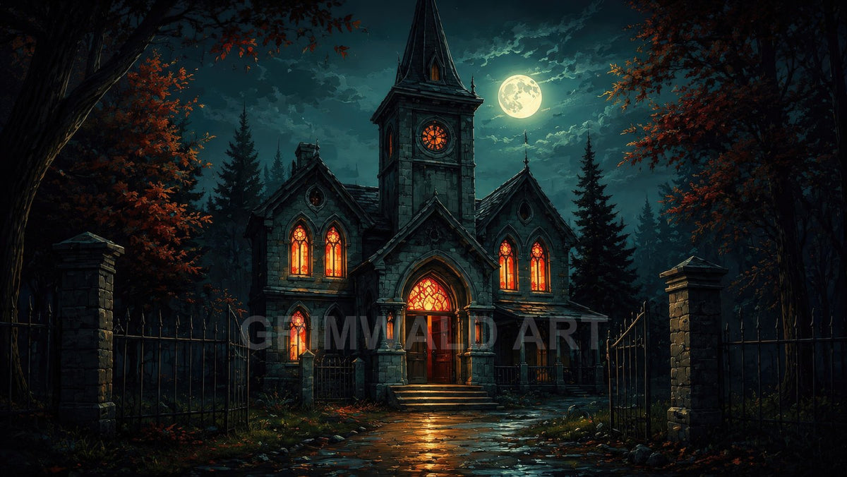 A moonlit gothic chapel with glowing stained-glass windows stands behind wrought-iron gates in a dark forest, wet stone path reflecting warm light.