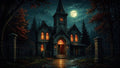 GRID THUMBNAIL — A moonlit gothic chapel with glowing stained-glass windows stands behind wrought-iron gates in a dark forest, wet stone path reflecting warm light.