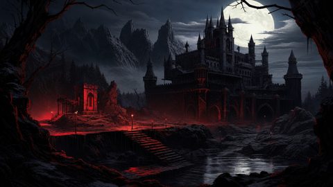 GRID THUMBNAIL — A towering gothic castle looms over a rocky river under a full moon, with crimson torchlight and distant ruins amid pine forested mountains.