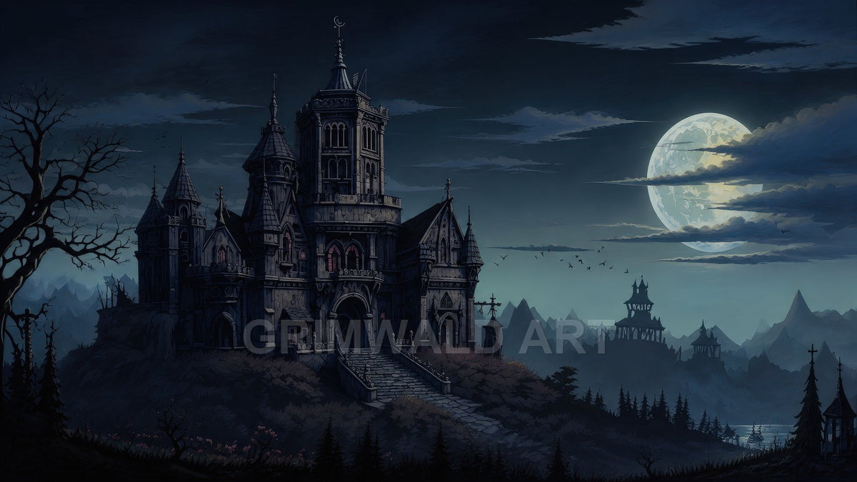 A dark gothic castle on a hill under a huge full moon, surrounded by mountains, pine trees, and distant towers in a misty night.