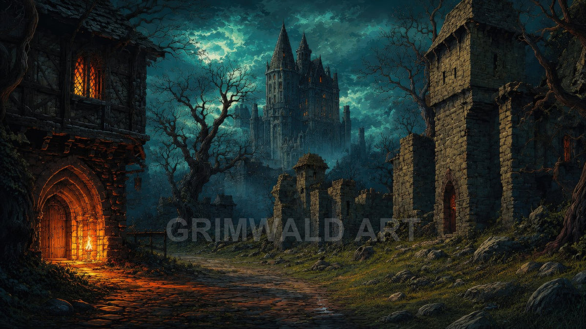 A moonlit gothic castle rises beyond misty ruins and leafless trees, above a winding cobbled path and torchlit arched doorways glowing warm orange.